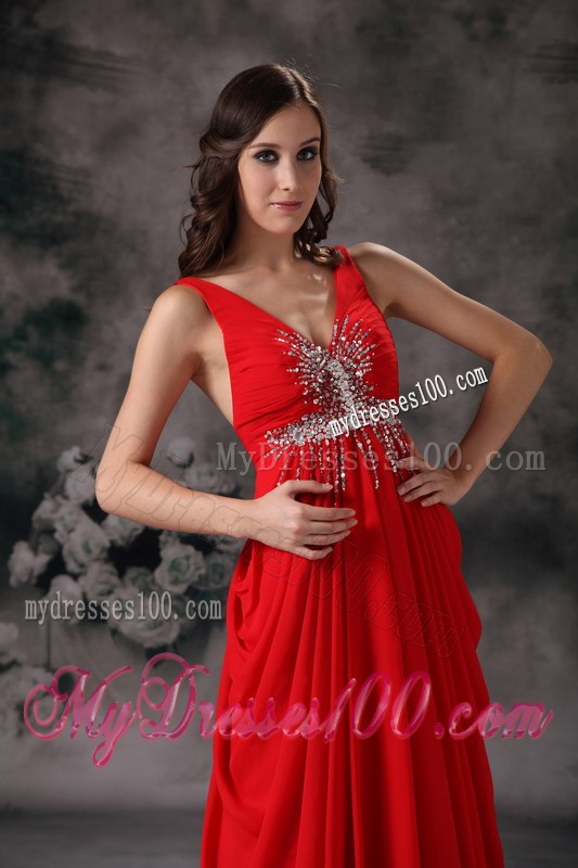 Pretty Red Beading V-neck 2013 Evening Dress with Brush Train