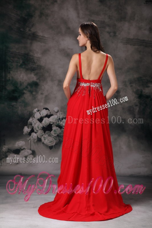 Pretty Red Beading V-neck 2013 Evening Dress with Brush Train