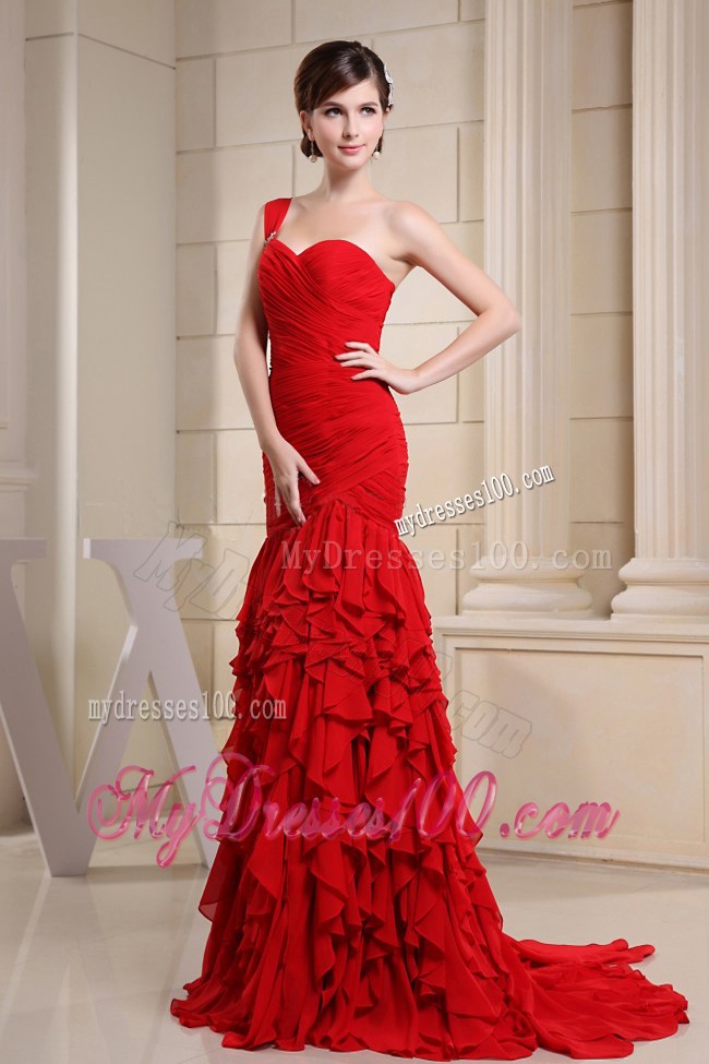 Red One Shoulder Prom Dress With Ruche Decorate and Ruffles
