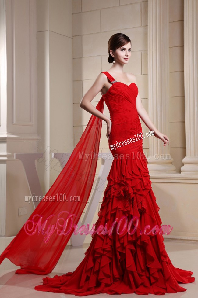 Red One Shoulder Prom Dress With Ruche Decorate and Ruffles