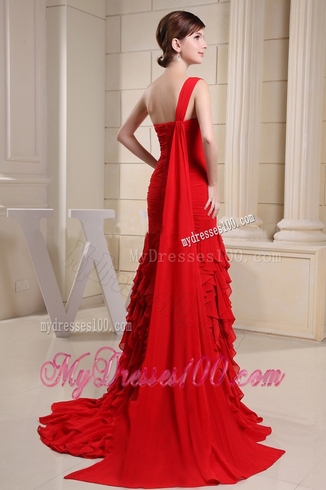 Red One Shoulder Prom Dress With Ruche Decorate and Ruffles