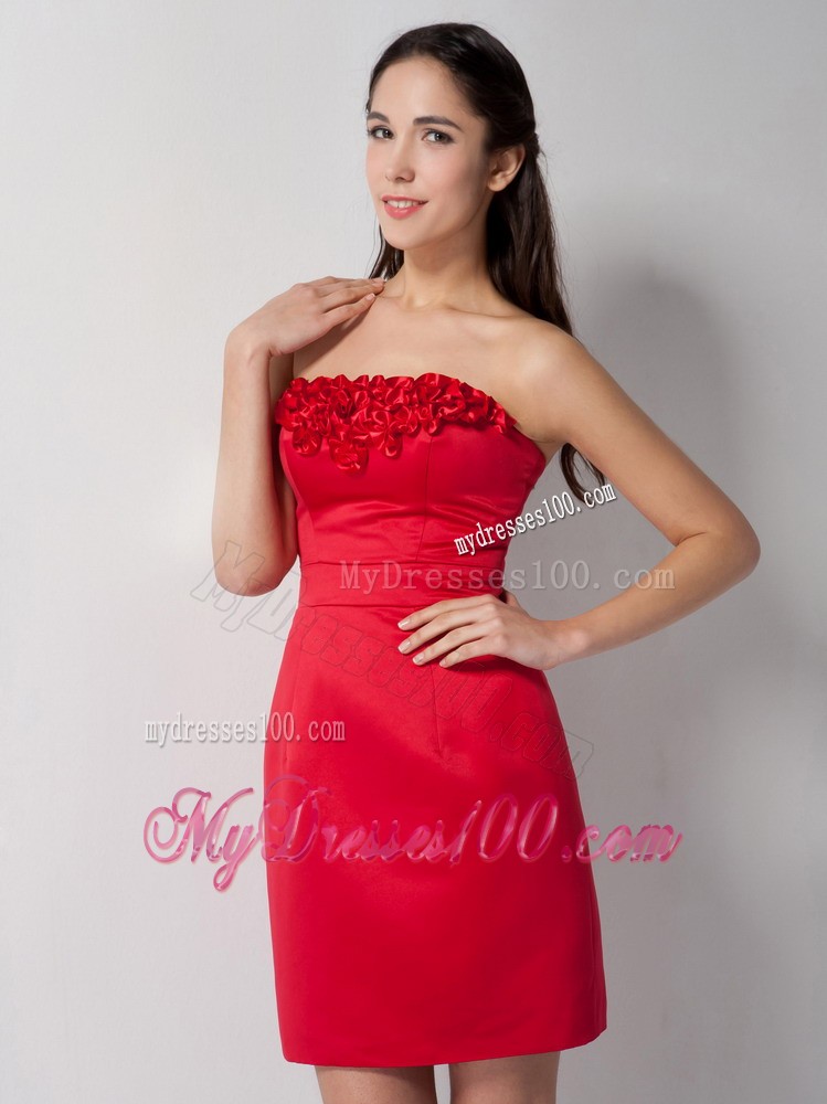 Red Column Strapless Hand Made Flowers Mini-length Prom Dress