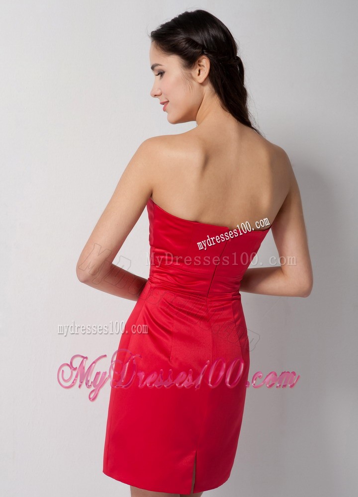Red Column Strapless Hand Made Flowers Mini-length Prom Dress