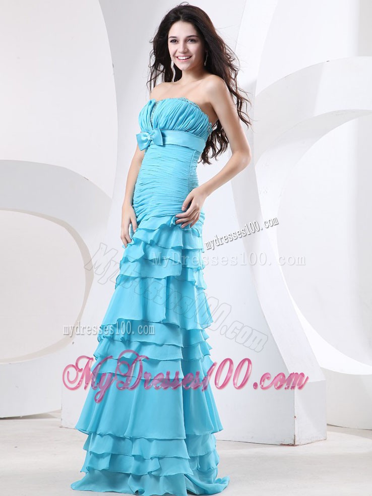 Ruching Bodice and Ruffled Layers For Prom Dress With Bowknot