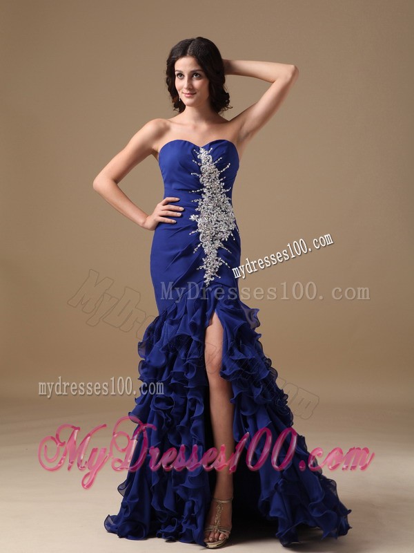Blue Mermaid Sweetheart Brush Train Beading Prom Evening Dress