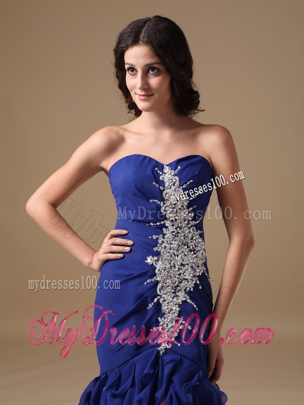 Blue Mermaid Sweetheart Brush Train Chiffon Beading Prom Dress