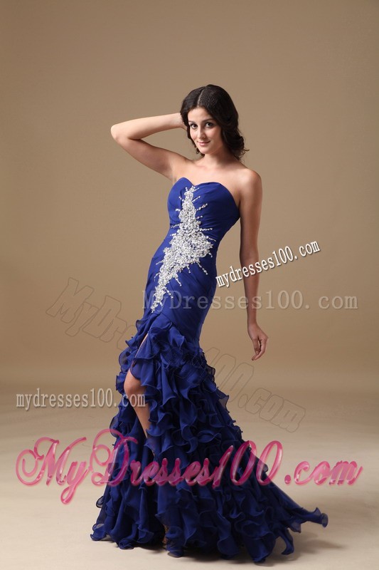 Blue Mermaid Sweetheart Brush Train Chiffon Beading Prom Dress