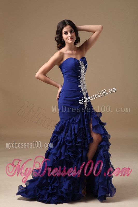 Blue Mermaid Sweetheart Brush Train Chiffon Beading Prom Dress