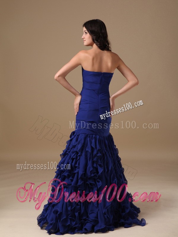 Blue Mermaid Sweetheart Brush Train Beading Prom Evening Dress