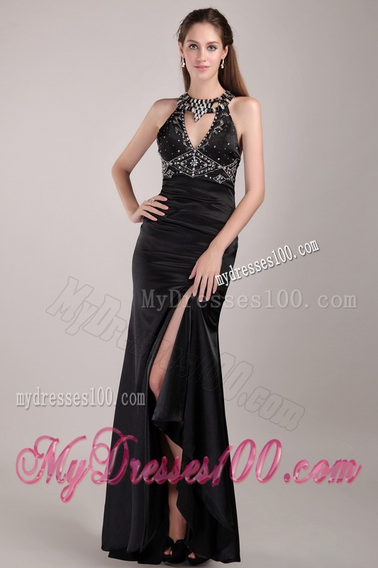 Black Column Scoop Floor-length Taffeta Rhinestones Prom Dress