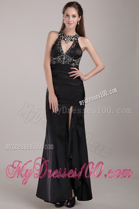 Black Column Scoop Rhinestones Prom Evening Dress in Long