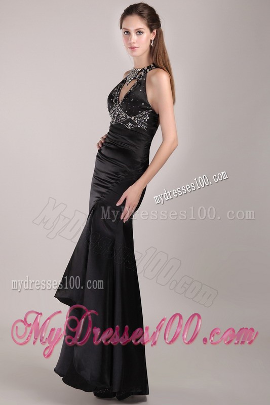 Black Column Scoop Rhinestones Prom Evening Dress in Long