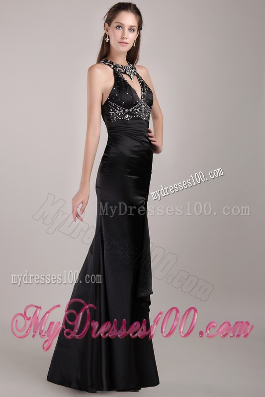 Black Column Scoop Rhinestones Prom Evening Dress in Long