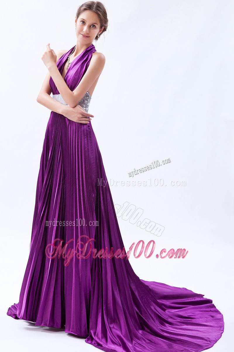 Eggplant Purple Backless Sequin Pleat Evening Dresses with Halter