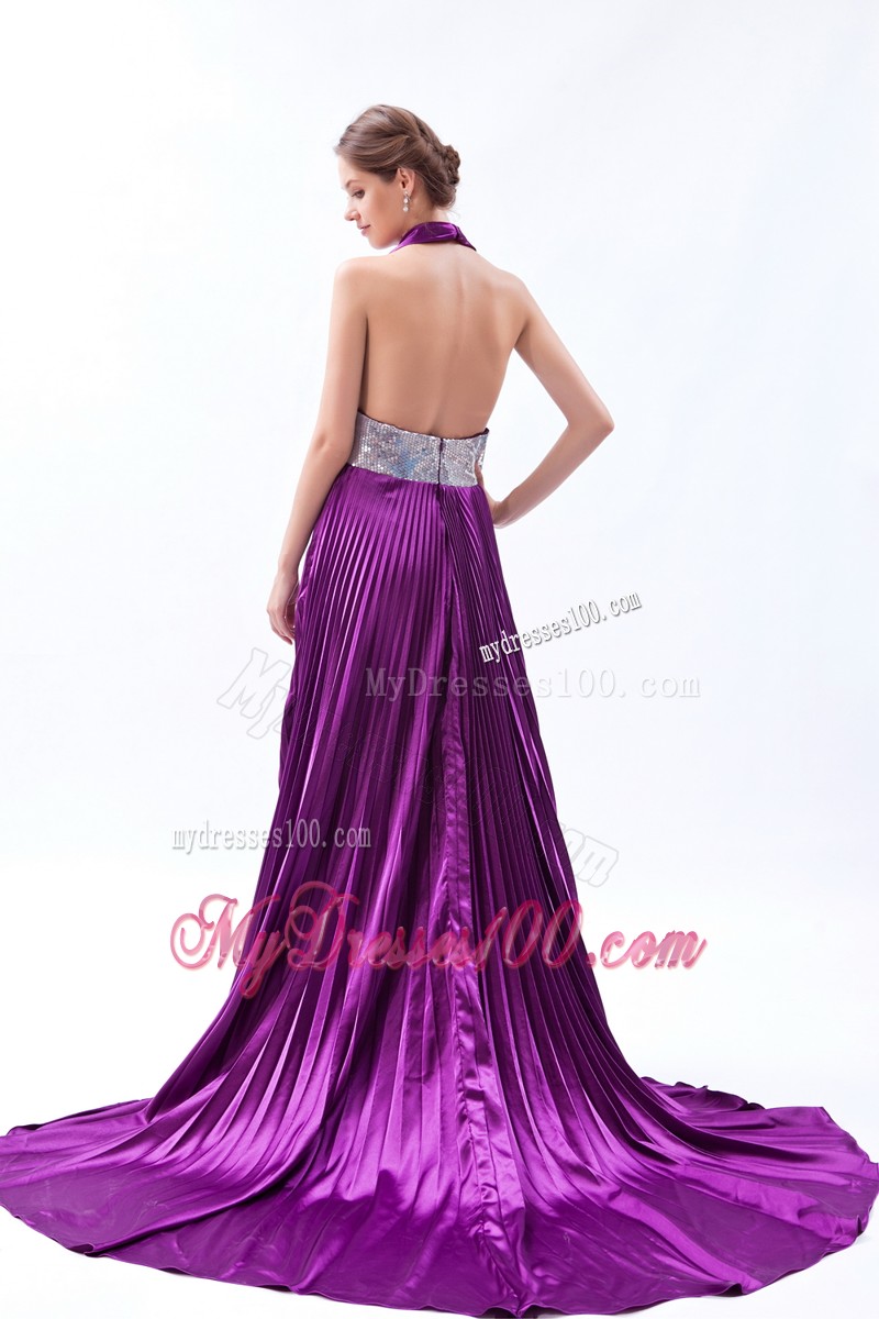 Eggplant Purple Backless Sequin Pleat Evening Dresses with Halter