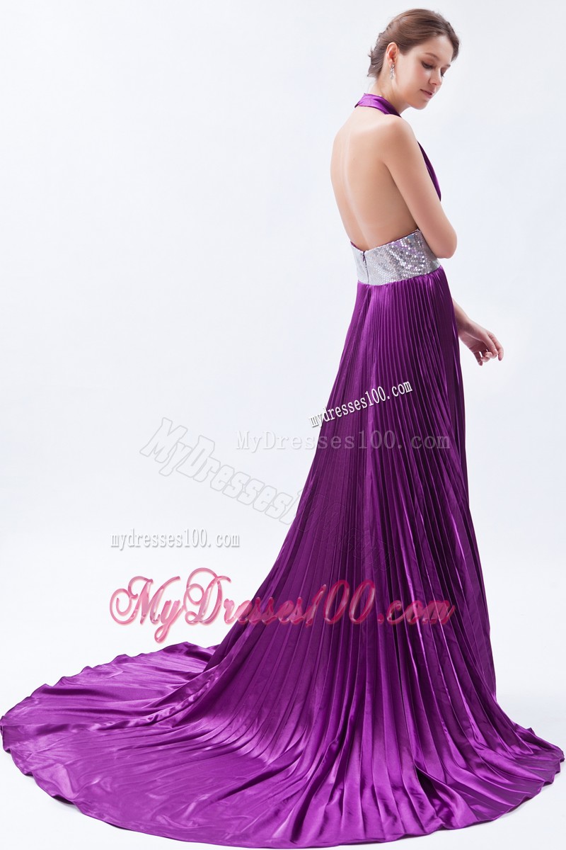 Eggplant Purple Backless Sequin Pleat Evening Dresses with Halter