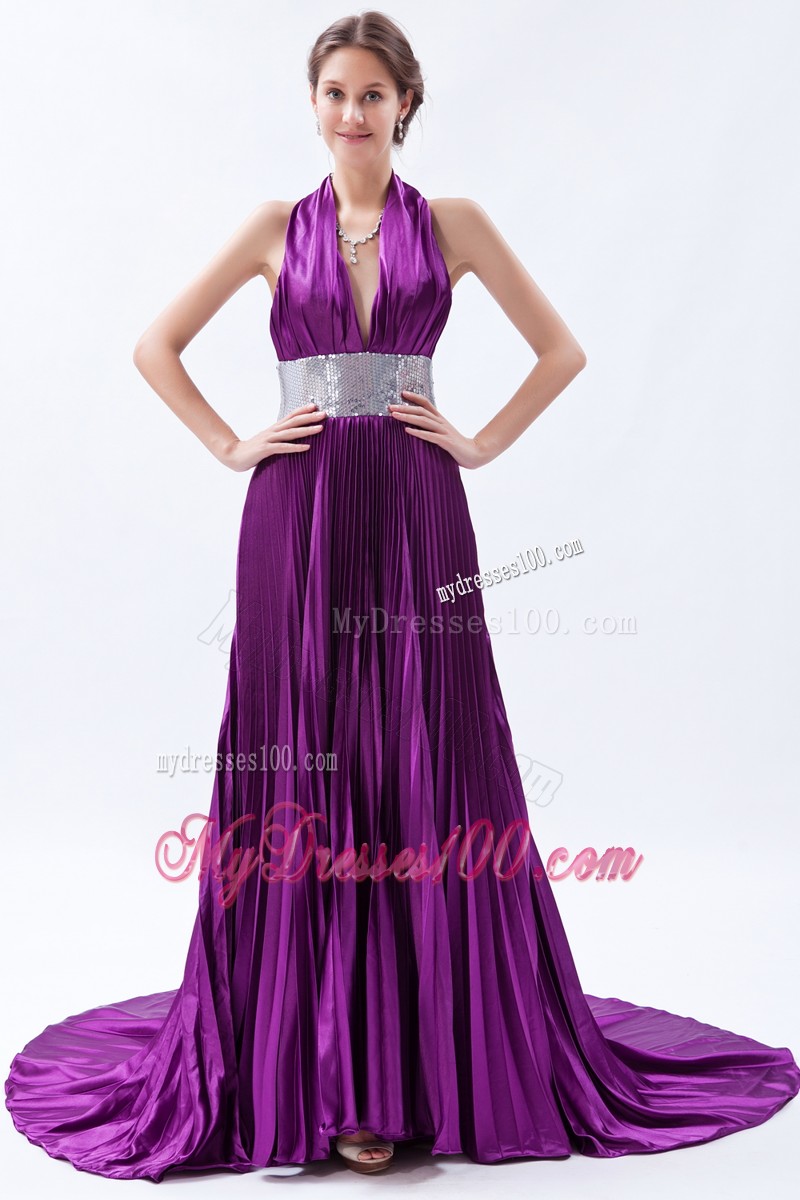 Eggplant Purple Backless Sequin Pleat Evening Dresses with Halter