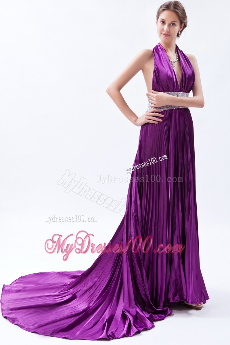 Eggplant Purple Backless Sequin Pleat Evening Dresses with Halter