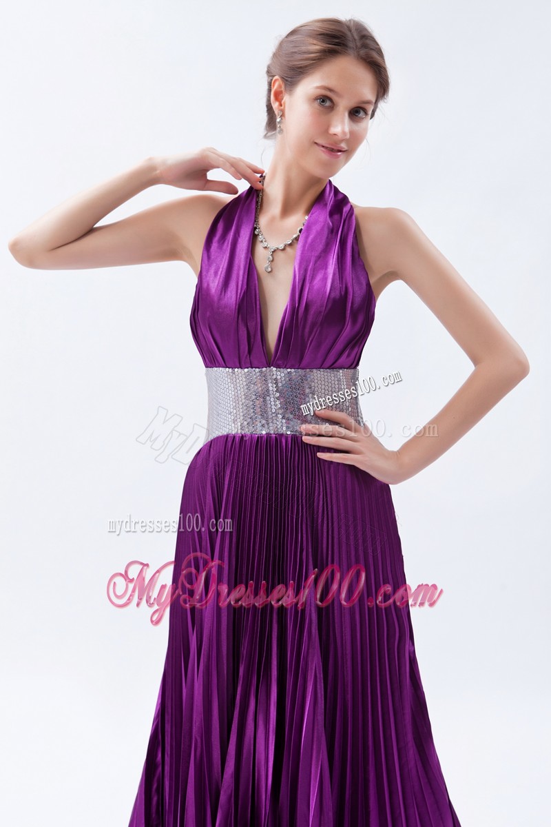 Eggplant Purple Backless Sequin Pleat Evening Dresses with Halter