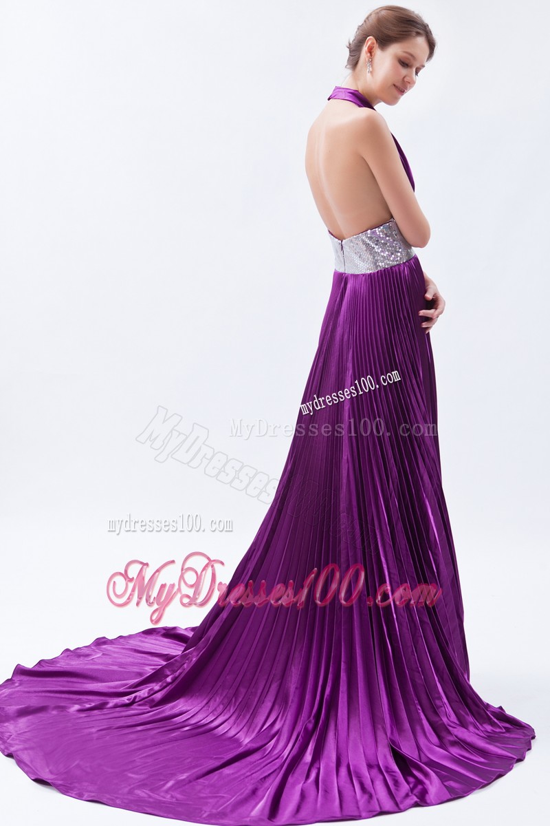 Eggplant Purple Backless Sequin Pleat Evening Dresses with Halter