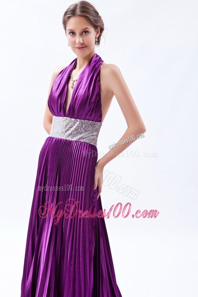 Eggplant Purple Backless Sequin Pleat Evening Dresses with Halter