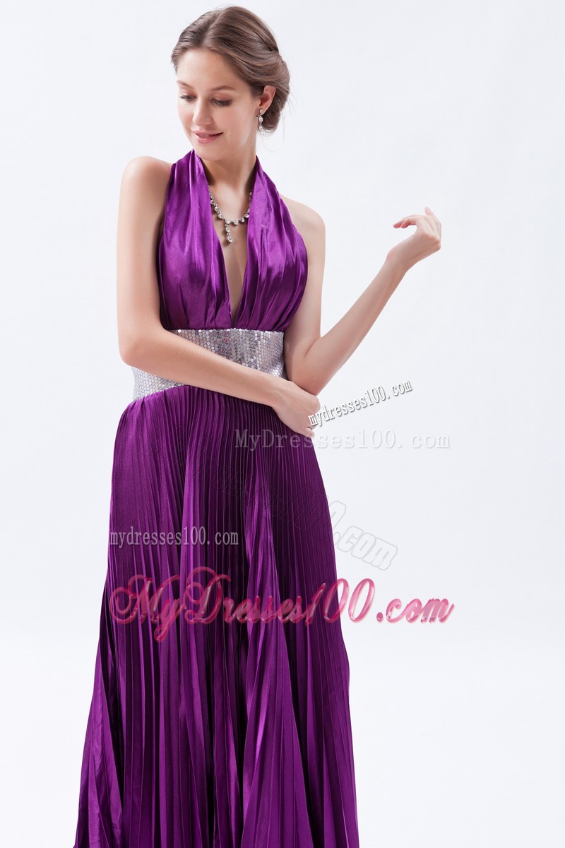 Eggplant Purple Backless Sequin Pleat Evening Dresses with Halter