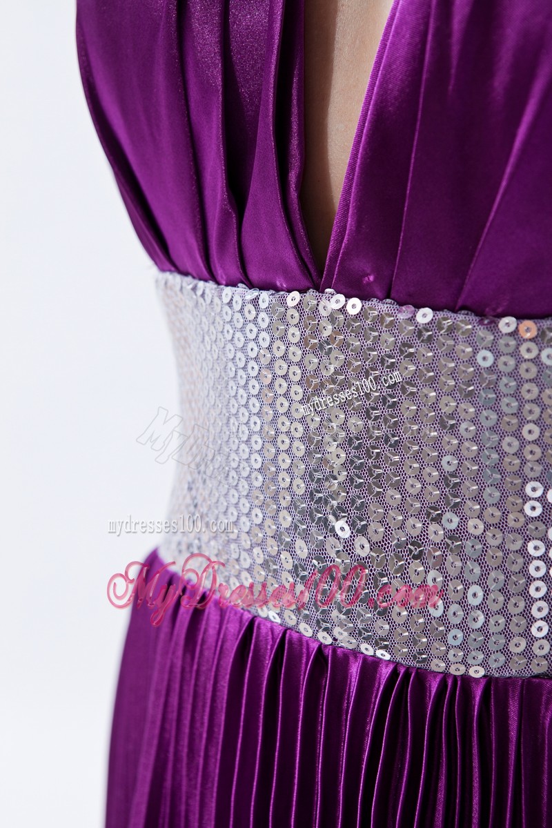 Eggplant Purple Backless Sequin Pleat Evening Dresses with Halter