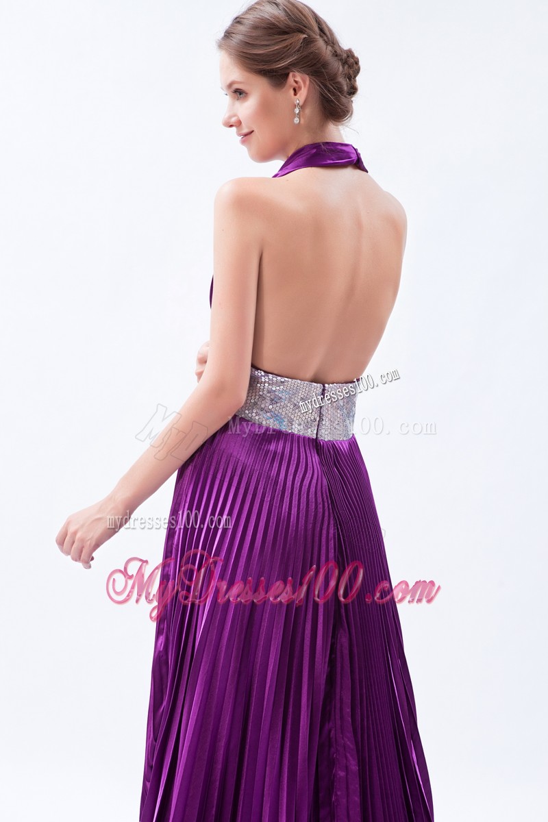 Eggplant Purple Backless Sequin Pleat Evening Dresses with Halter
