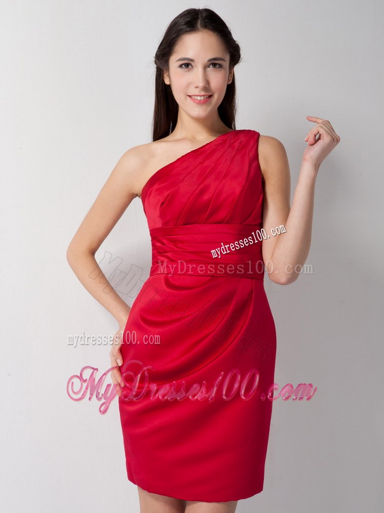 Modest Red Column One Shoulder Ruche Mini-length Evening Dress