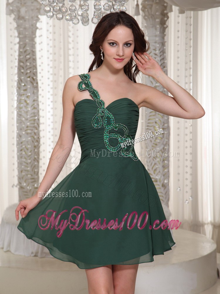 Short Peacock Green Ruche Bodice One Shoulder Evening Dress