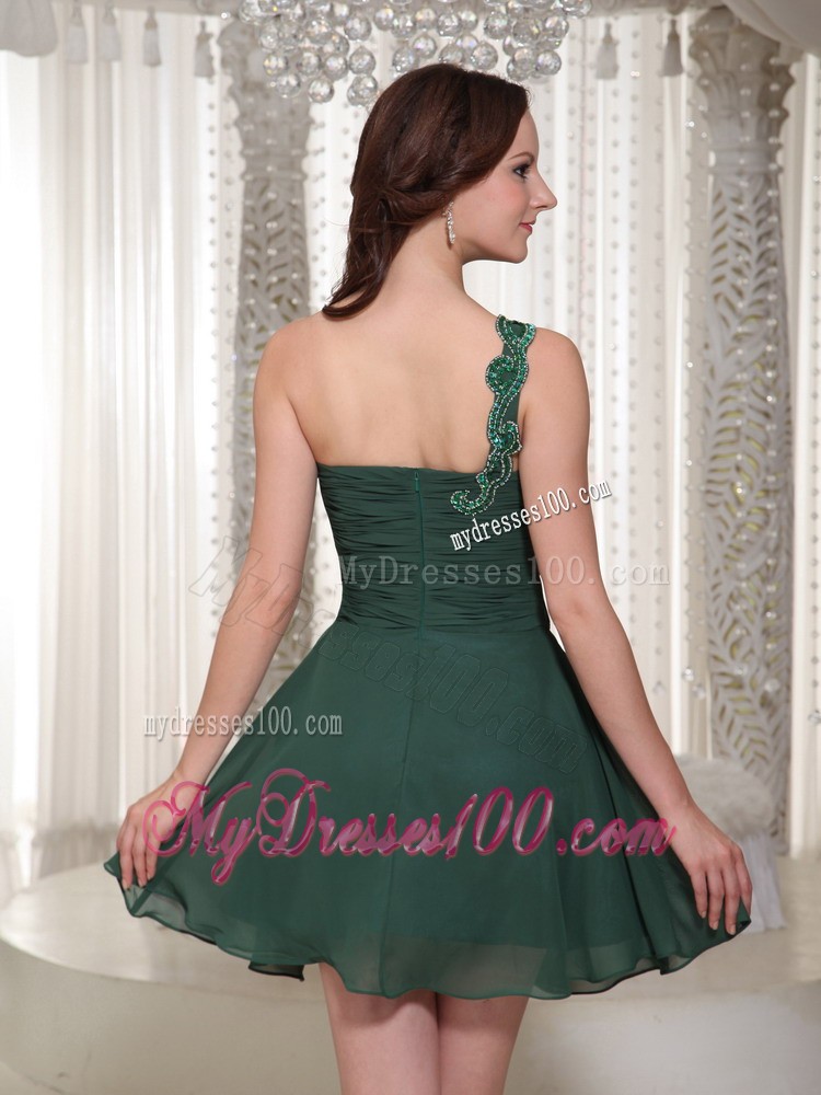 Short Peacock Green Ruche Bodice One Shoulder Evening Dress