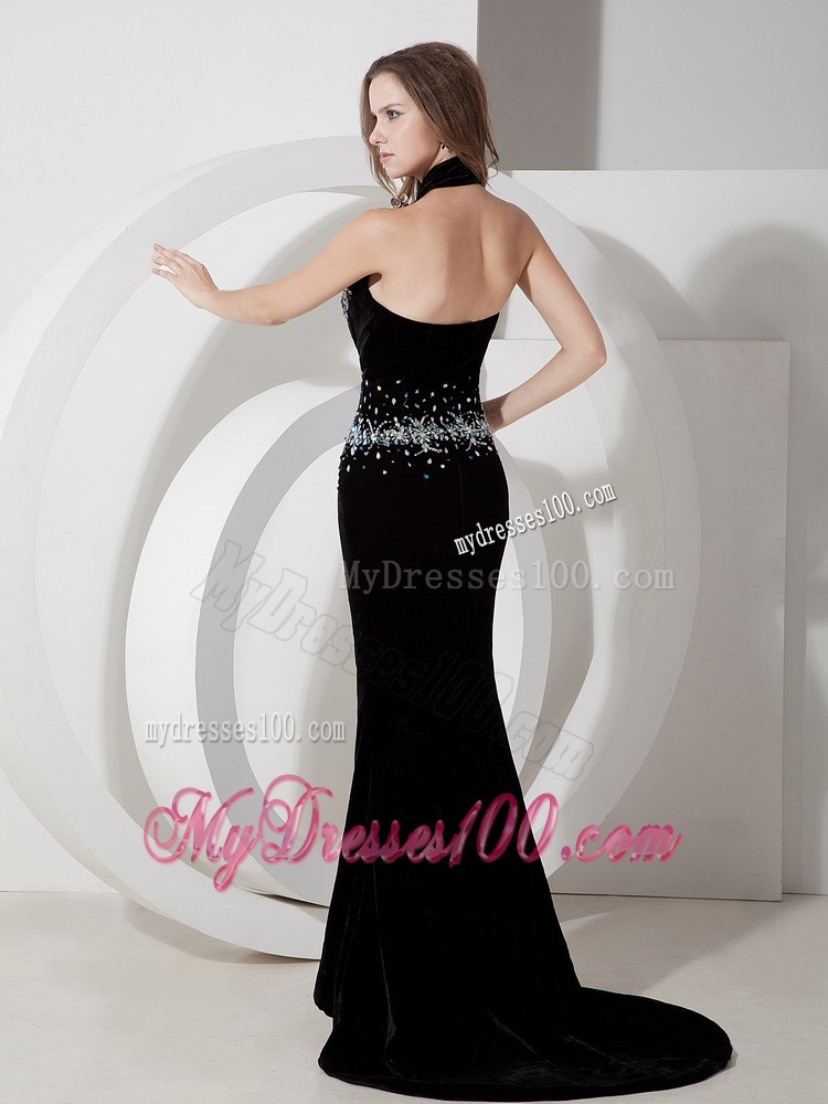 Black Mermaid Halter Top Brush Train Beading Evening Dress
