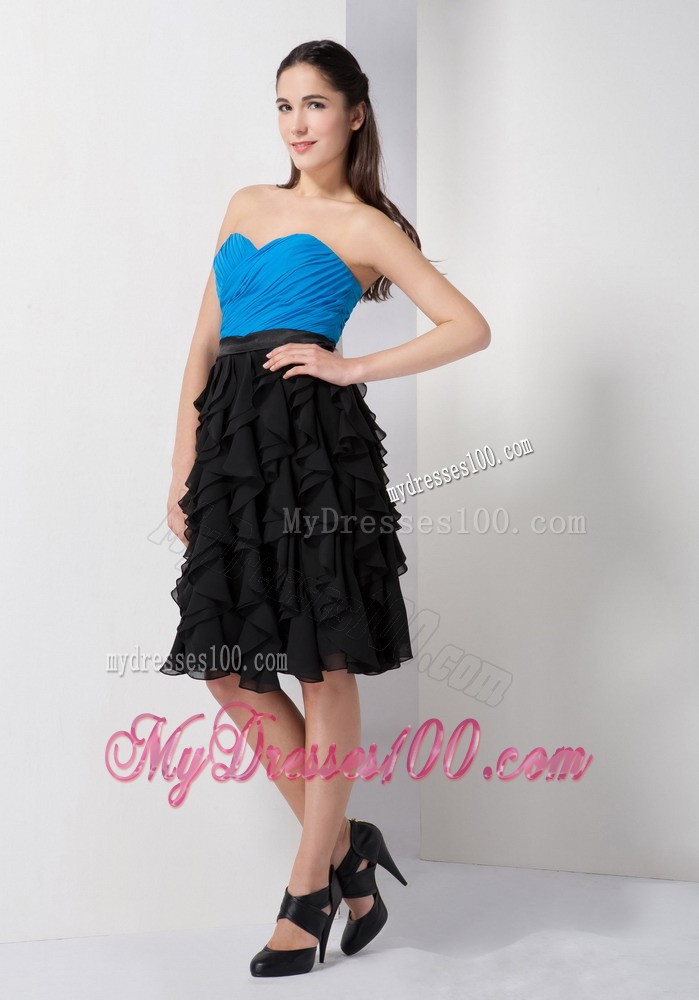 Blue and Black Sweetheart Knee-length Ruche and Ruffles Prom Dress