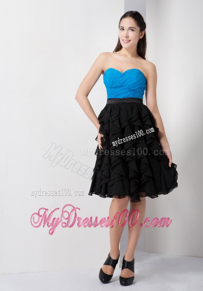 Blue and Black Sweetheart Knee-length Ruche and Ruffles Prom Dress