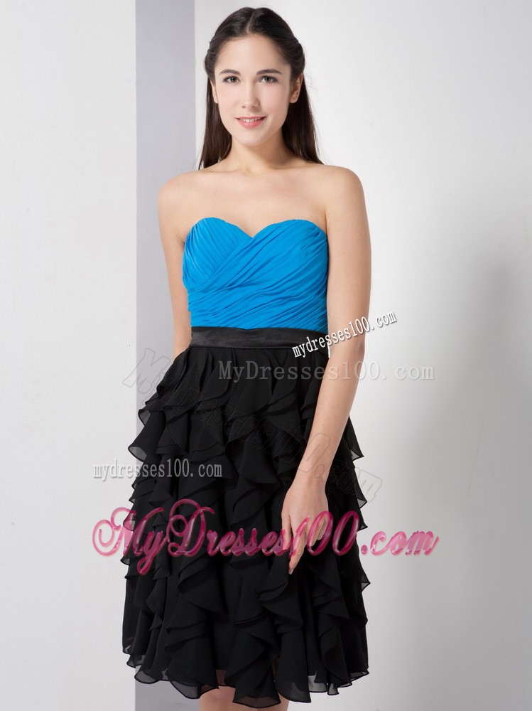 Blue and Black Sweetheart Knee-length Ruche and Ruffles Prom Dress