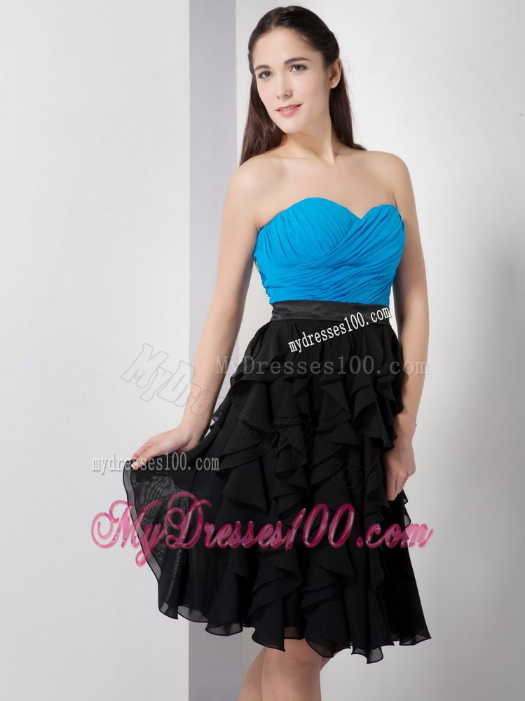 Blue and Black Sweetheart Knee-length Ruche and Ruffles Prom Dress