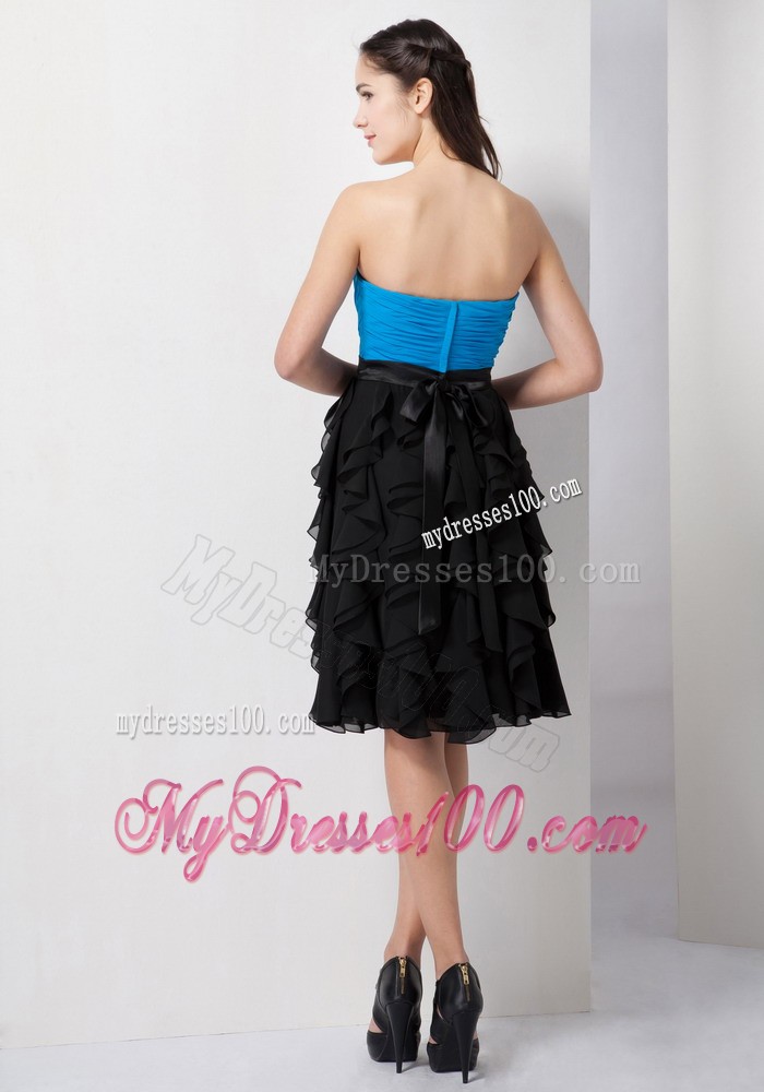 Blue and Black Sweetheart Knee-length Ruche and Ruffles Prom Dress