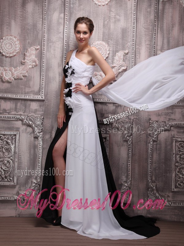 White and Black One Shoulder Watteau Train Hand Flowers Prom Dress