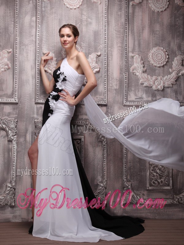 White and Black One Shoulder Watteau Train Hand Flowers Prom Dress