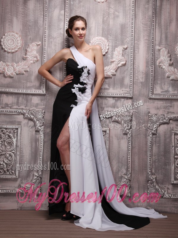 White and Black One Shoulder Watteau Train Hand Flowers Prom Dress
