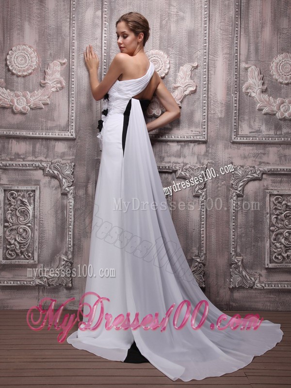White and Black One Shoulder Watteau Train Hand Flowers Prom Dress