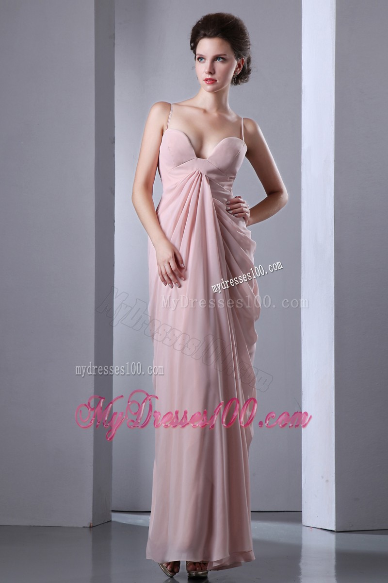 Baby Pink Column Spaghetti Straps Evening Dresses with Ruffles
