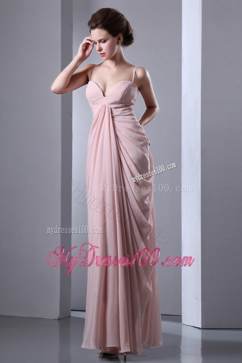 Baby Pink Column Spaghetti Straps Evening Dresses with Ruffles
