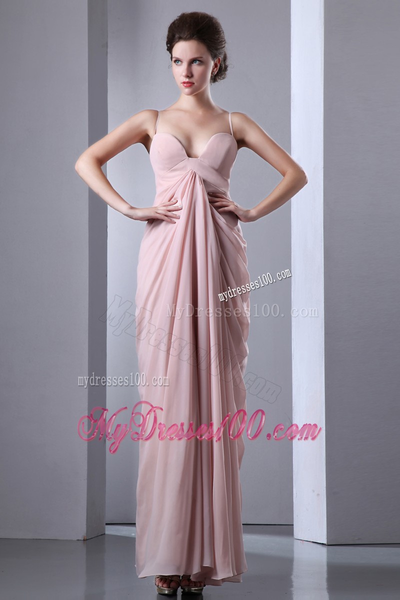 Baby Pink Column Spaghetti Straps Evening Dresses with Ruffles
