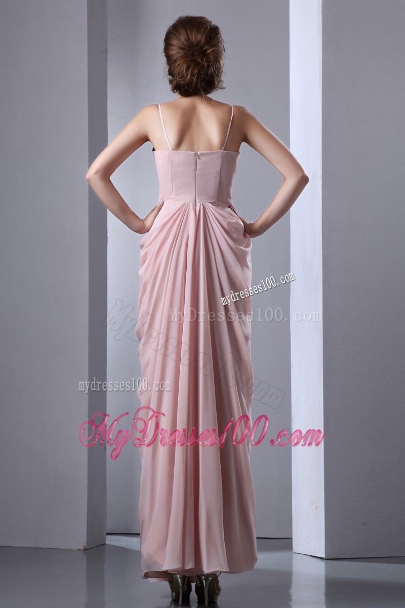 Baby Pink Column Spaghetti Straps Evening Dresses with Ruffles