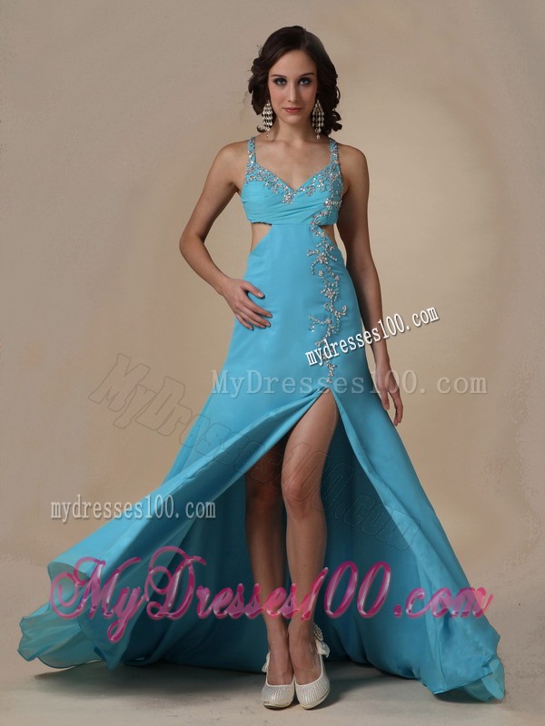 Aqua Blue Column Spaghetti Straps Brush Train Beading Prom Dress