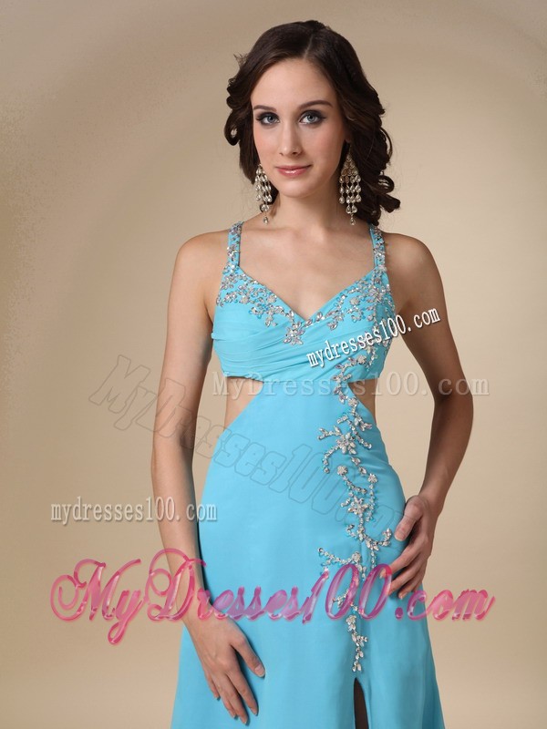 Aqua Blue Column Spaghetti Straps Brush Train Beading Prom Dress