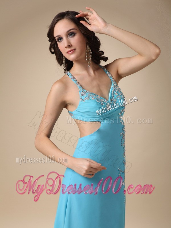 Aqua Blue Column Spaghetti Straps Brush Train Beading Prom Dress