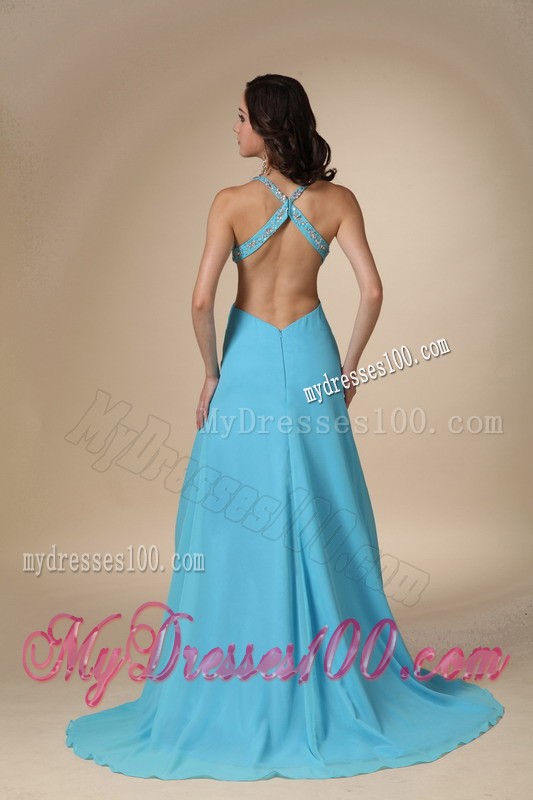 Aqua Blue Column Spaghetti Straps Brush Train Beading Prom Dress