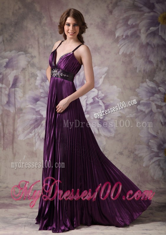 Customize Dark Purple Column Spaghetti Straps Beading Evening Dress